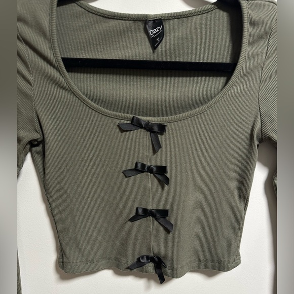 Olive Green Crop Top with Bow Accents - Picture 4 of 7